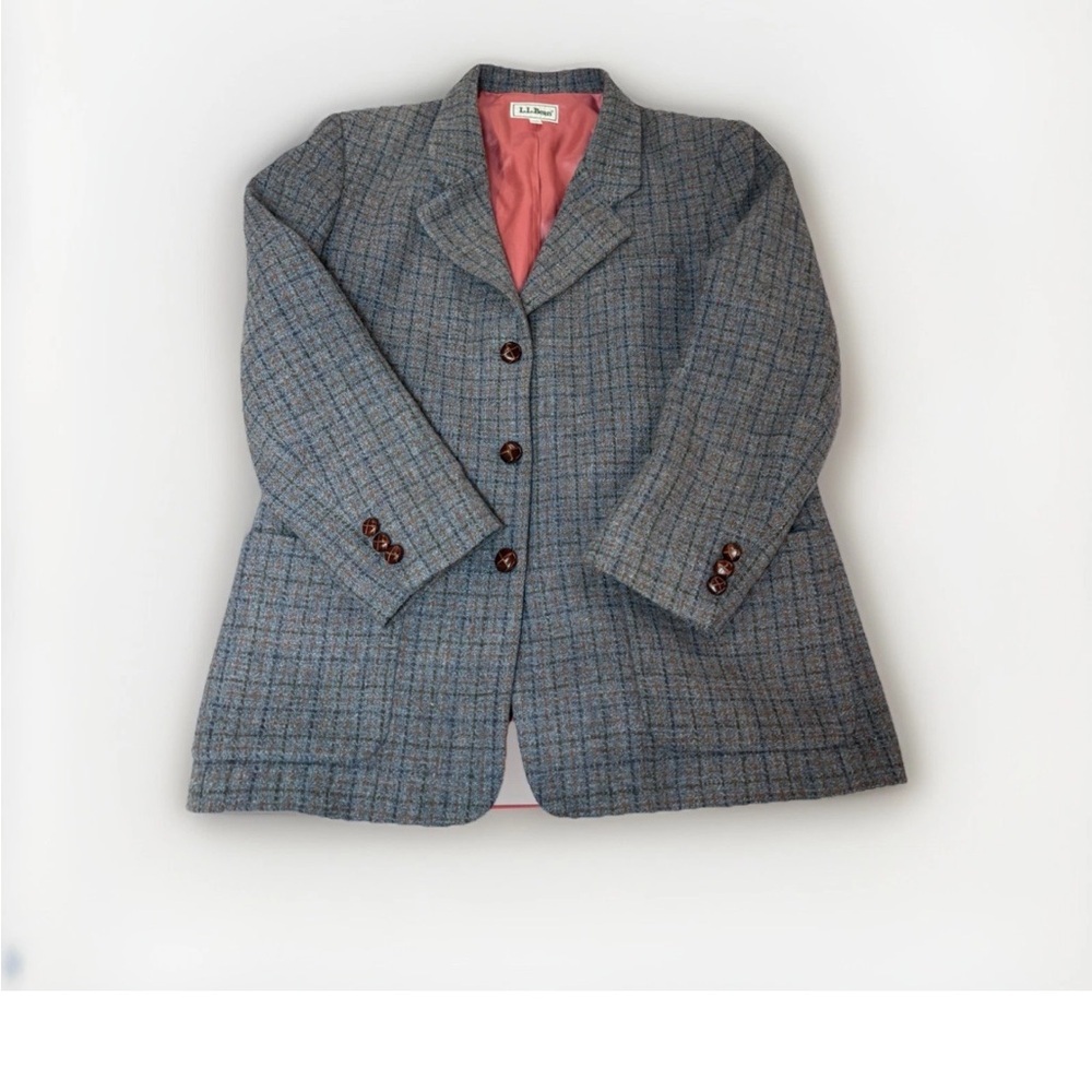 L.L. Bean Women's Gray Checkered Blazer with Pink Lining